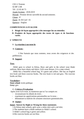 Première page de Anglais 6e — 1er devoir surveillé, 2e semestre (2018-2019) · CEG L'Entente
