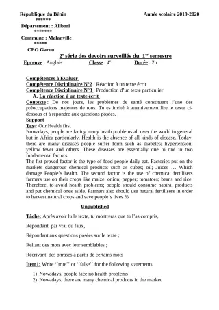Première page de Anglais 4e — 2e devoir surveillé, 1er semestre (2019-2020) · CEG GAROU