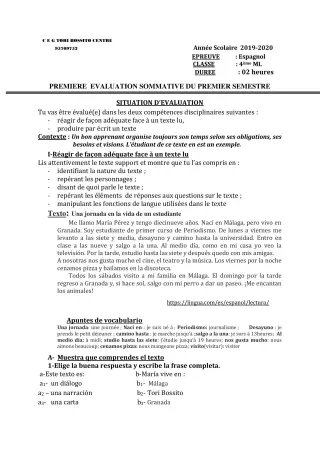 Première page de Espagnol 4e ML, 3e ML — 1re évaluation sommative, 1er semestre (2019-2020) · CEG Tori-Bossito Centre