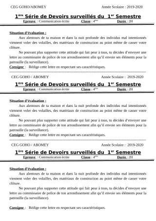 Première page de Français 4e — 1er devoir surveillé, 1er semestre (2018-2019) · CEG GOHO
