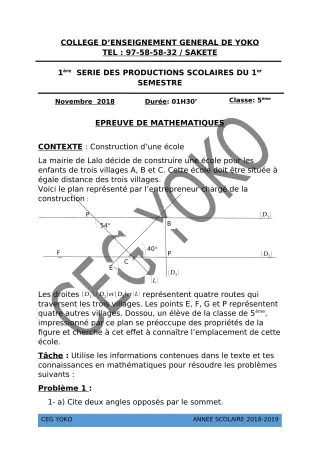 Première page de Mathématiques 5e — 1re production scolaire, 1er semestre (2018-2019) · CEG Yoko
