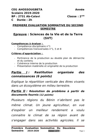 Première page de SVT 2nde C — 1re évaluation sommative, 2e semestre (2019-2020) · CEG Ahossougbéta