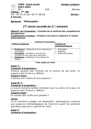 Première page de Philosophie 2nde A2, 2nde B, 2nde C, 2nde D, 1ère A2, 1ère B, 1ère C, 1ère D, Tle A2, Tle B, Tle C, Tle D — 2e devoir surveillé, 2e trimestre (2021-2022) · CPEG SAINT Justin