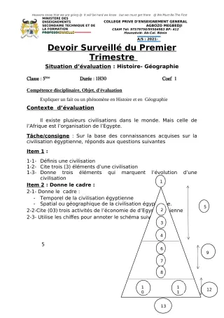 Première page de Histoire-Géographie 5e — 2e devoir surveillé, 1er trimestre (2021-2022) · CPEG AGBOZO MEGBEDJI