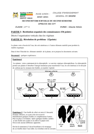Première page de SVT 2nde A2 — 2e devoir surveillé, 2e semestre (2020-2021) · CEG SEKERE