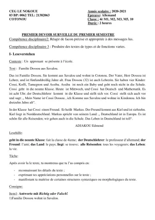 Première page de Allemand 4e ML — 1er devoir surveillé, 1er semestre (2020-2021) · CEG LE NOKOUE