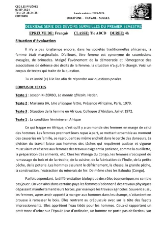 Première page de Français 6e, 5e, 4e, 4e ML, 3e, 3e ML, 2nde A & B, 2nde A1, 2nde A2, 2nde B, 2nde C, 2nde D, 1ère A1, 1ère A2, 1ère B, 1ère C, 1ère D, Tle A1, Tle A2, Tle B, Tle C, Tle D — 2e devoir surveillé, 1er se