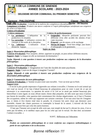 Première page de Philosophie Tle A2 — 2e devoir surveillé, 1er semestre (2023-2024) · CEG SEKERE