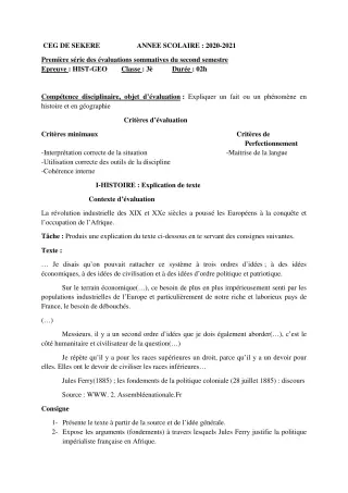 Première page de Histoire-Géographie 3e, 3e ML — 1re évaluation sommative, 2e semestre (2020-2021) · CEG SEKERE