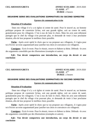 Première page de Français 4e, 4e ML — 2e évaluation sommative, 2e semestre (2019-2020) · CEG Ahossougbéta