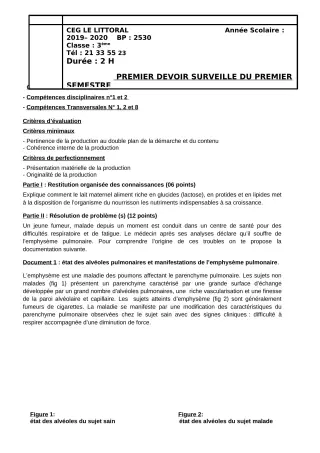 Première page de SVT 3e, 3e ML — 1er devoir surveillé (2019-2020) · CEG Le Littoral