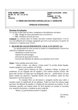Première page de Espagnol 3e ML — 1er devoir surveillé, 1er semestre (2020-2021) · CEG SURU-LERE