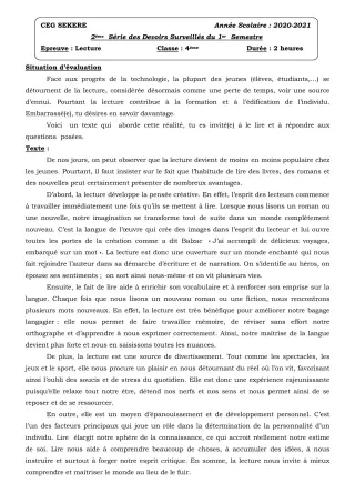 Première page de Français 4e — 2e devoir surveillé, 1er semestre (2020-2021) · CEG SEKERE