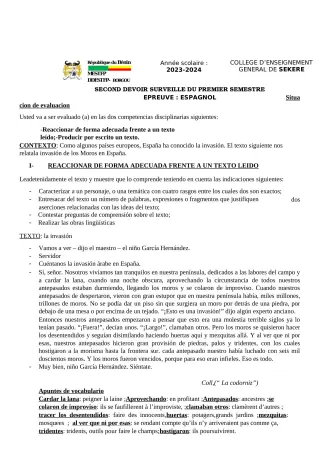 Première page de Espagnol 1ère A2 — 2e devoir surveillé, 1er semestre (2023-2024) · CEG SEKERE