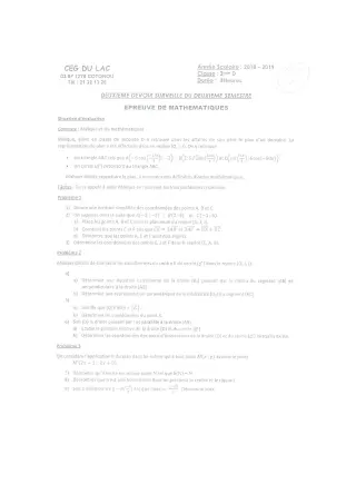 Première page de Mathématiques 2nde D — 2e devoir surveillé, 2e semestre (2018-2019) · CEG du Lac
