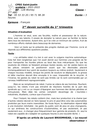 Première page de Français 2nde A2, 2nde B, 2nde C, 2nde D — 2e devoir surveillé, 1er trimestre (2021-2022) · CPEG SAINT Justin