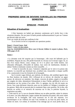 Première page de Français 2nde A1, 2nde A2, 2nde B, 2nde C, 2nde D — 1er devoir surveillé, 1er semestre (2021-2022) · CEG Kouhounou-Vêdoko