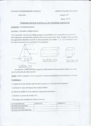 Première page de Mathématiques 6e — 1er devoir surveillé, 1er semestre (2018-2019) · CEG ADJAGBO