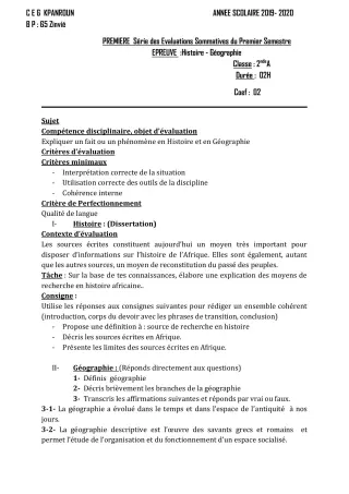 Première page de Histoire-Géographie 2nde A — 1re évaluation sommative, 1er semestre (2019-2020) · CEG Kpanroun