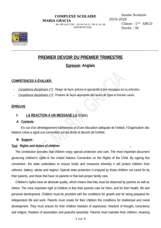 Première page de Anglais 1ère A — 1er devoir surveillé, 1er trimestre (2019-2020) · CPEG MARIA GRACIA