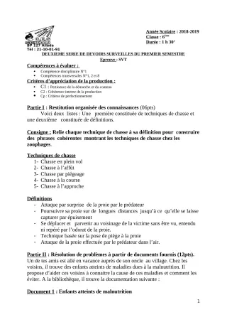 Première page de SVT 6e — 2e devoir surveillé, 1er semestre (2018-2019) · CEG Sékou