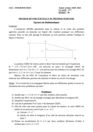 Première page de Mathématiques 3e ML — 1er devoir surveillé, 1er semestre (2020-2021) · CEG ATROKPOCODJI