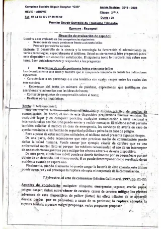 Première page de Espagnol 2nde A2, 2nde B — 1er devoir surveillé, 3e trimestre (2019-2020) · CPEG SEGUIN SENGHOR