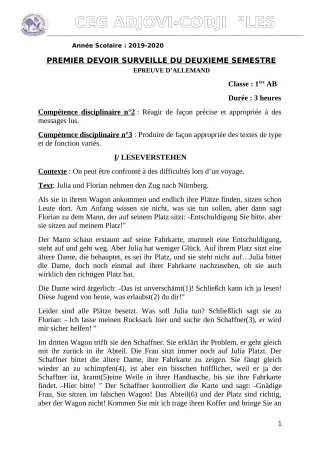 Première page de Allemand 1ère B — 1er devoir surveillé, 2e semestre (2019-2020) · CEG ADJOVICODJI 'LES OLIVIERS'