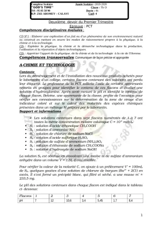 Première page de PCT Tle D — 2e devoir surveillé, 1er trimestre (2019-2020) · CPEG GOD'S TIME