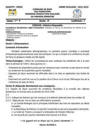 Première page de Histoire-Géographie 1ère D — 1re production scolaire, 1er semestre (2022-2023) · CEG POSSOTOME