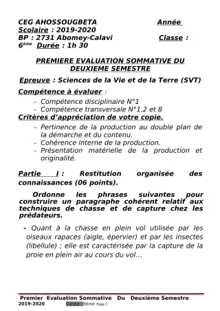 Première page de SVT 6e — 1re évaluation sommative, 2e semestre (2019-2020) · CEG Ahossougbéta