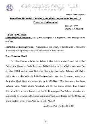 Première page de Allemand 3e ML — 1er devoir surveillé, 1er semestre (2019-2020) · CEG ADJOVICODJI 'LES OLIVIERS'