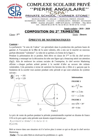 Première page de Mathématiques 3e, 3e ML — 3e composition (2019-2020) · CPEG PIERRE ANGULAIRE