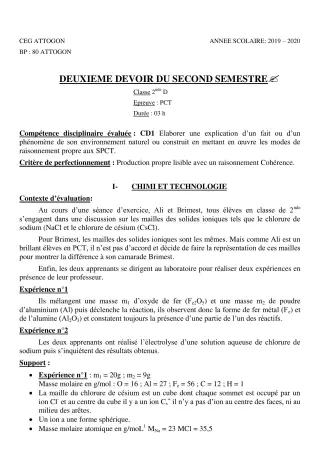 Première page de PCT 2nde D — 2e devoir surveillé, 2e semestre (2019-2020) · CEG Attogon