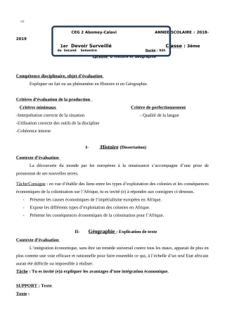 Première page de Histoire-Géographie 3e, 3e ML — 1er devoir surveillé, 2e semestre (2018-2019) · CEG2 ABOMEY - CALAVI (CEG ZOCA)