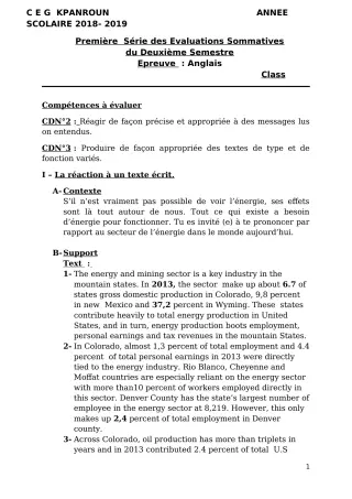Première page de Anglais 6e, 4e, 3e ML, 2nde D, Tle D — 1re évaluation sommative, 2e semestre (2018-2019) · CEG Kpanroun