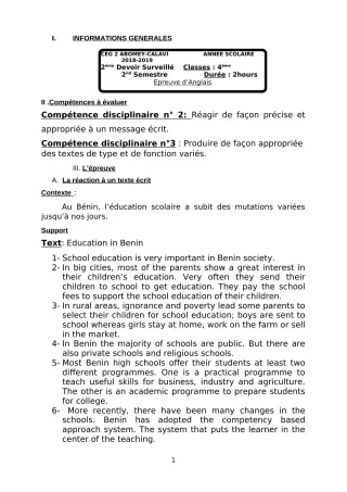 Première page de Anglais 4e, 4e ML — 2e devoir surveillé, 2e semestre (2018-2019) · CEG2 ABOMEY - CALAVI (CEG ZOCA)