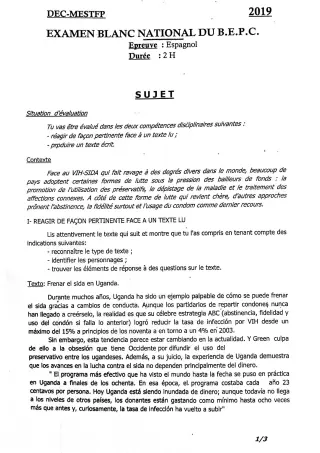 Première page de Examen Blanc de ESPAGNOL — 3e ML — CEG Karimama (2018)
