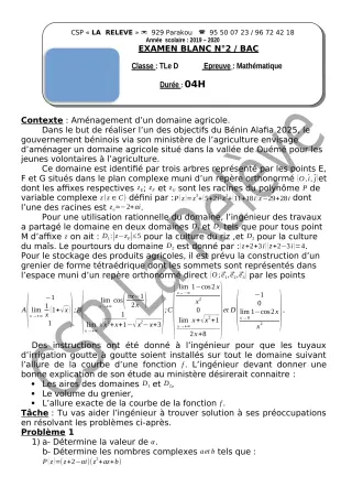 Première page de Examen Blanc de MATHS GENE — Tle D — CPEG La Releve (2019)