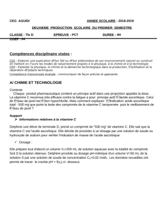 Première page de PCT Tle D — 2e production scolaire, 1er semestre (2018-2019) · CEG Aguidi