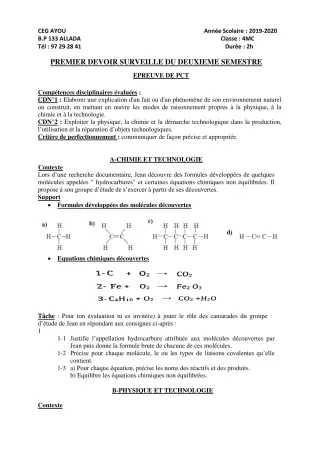 Première page de PCT 4e — 1er devoir surveillé, 2e semestre (2019-2020) · CEG AYOU