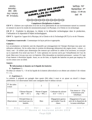 Première page de Devoir surveillé de PCT — 3e — CEG1 Kalalé (2018)