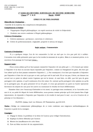 Première page de Philosophie 2nde C, 2nde D — 1er devoir surveillé, 2e semestre (2021-2022) · CEG LE NOKOUE