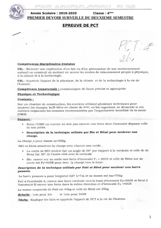 Première page de PCT 4e — 1er devoir surveillé, 2e semestre (2019-2020) · CEG ADJOVICODJI 'LES OLIVIERS'
