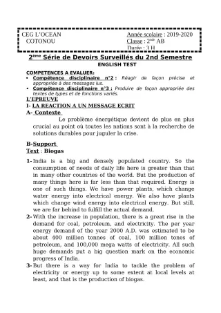 Première page de Anglais 6e, 5e, 4e, 4e ML, 3e, 3e ML, 2nde A, 2nde B, 2nde C, 2nde D, 1ère A, 1ère B, 1ère C, 1ère D, Tle A2, Tle B, Tle D — 2e devoir surveillé, 2e semestre (2019-2020) · CEG l'Océan