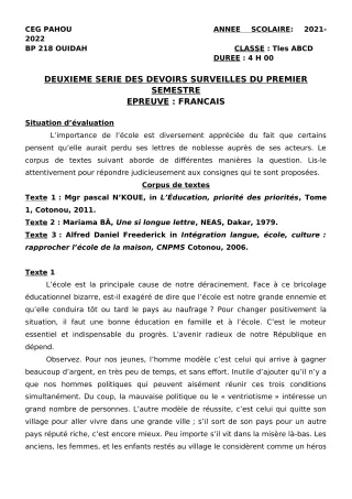 Première page de Français Tle A2, Tle B, Tle C, Tle D — 2e devoir surveillé, 1er semestre (2021-2022) · CEG PAHOU