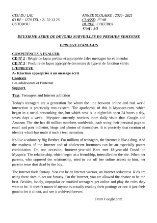 Première page de Anglais 1ère A2, 1ère B — 2e devoir surveillé, 1er semestre (2020-2021) · CEG du Lac