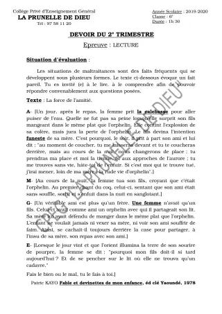 Première page de Français 6e — Devoir surveillé, 2e trimestre (2019-2020) · CEPG La Prunelle de Dieu