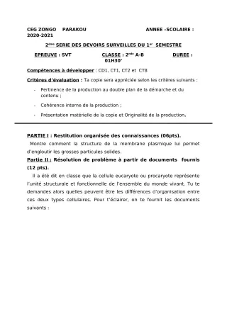 Première page de SVT 2nde A, 2nde B — 2e devoir surveillé, 1er semestre (2020-2021) · CEG ZONGO