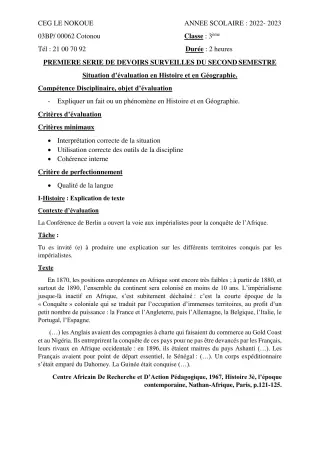 Première page de Histoire-Géographie 3e, 3e ML — 1er devoir surveillé, 2e semestre (2022-2023) · CEG LE NOKOUE